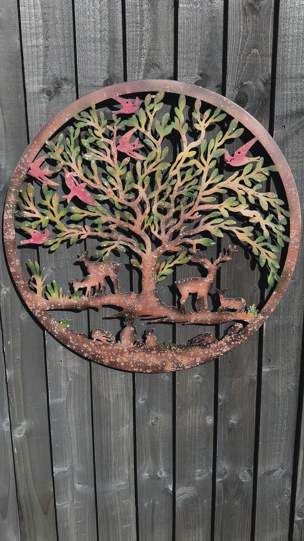Handmade rusty 60cm wall plaque of Woodland animals Tree Wall Plaque, Rusted Aged Metal with peeling coloured effect, Garden Wall Art