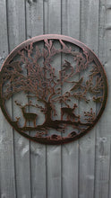 Load and play video in Gallery viewer, Handmade bronze  60cm wall plaque of Woodland animals Tree Wall Plaque, powder coated steel Metal, Garden/indoor Wall Art

