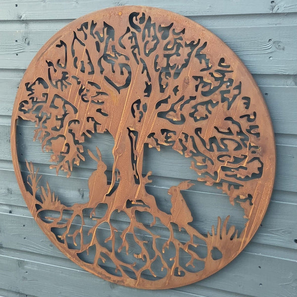 Rusty rabbits Tree of Life wall art, 61.5 cm