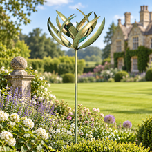 Laden Sie das Bild in den Galerie-Viewer, WS350 Burghley verdigris and gold wind sculpture in an English country-house garden
