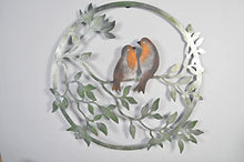 Laden Sie das Bild in den Galerie-Viewer, Silver wall art with two robins perched on a branch for outdoors/indoors  63.5H x 61W x 8cm
