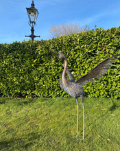 Load image into Gallery viewer, Large Bronze with a blue brush Metal Heron Garden Sculpture 107cm for outdoors
