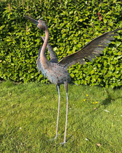 Load image into Gallery viewer, Large Bronze with a blue brush Metal Heron Garden Sculpture 107cm for outdoors
