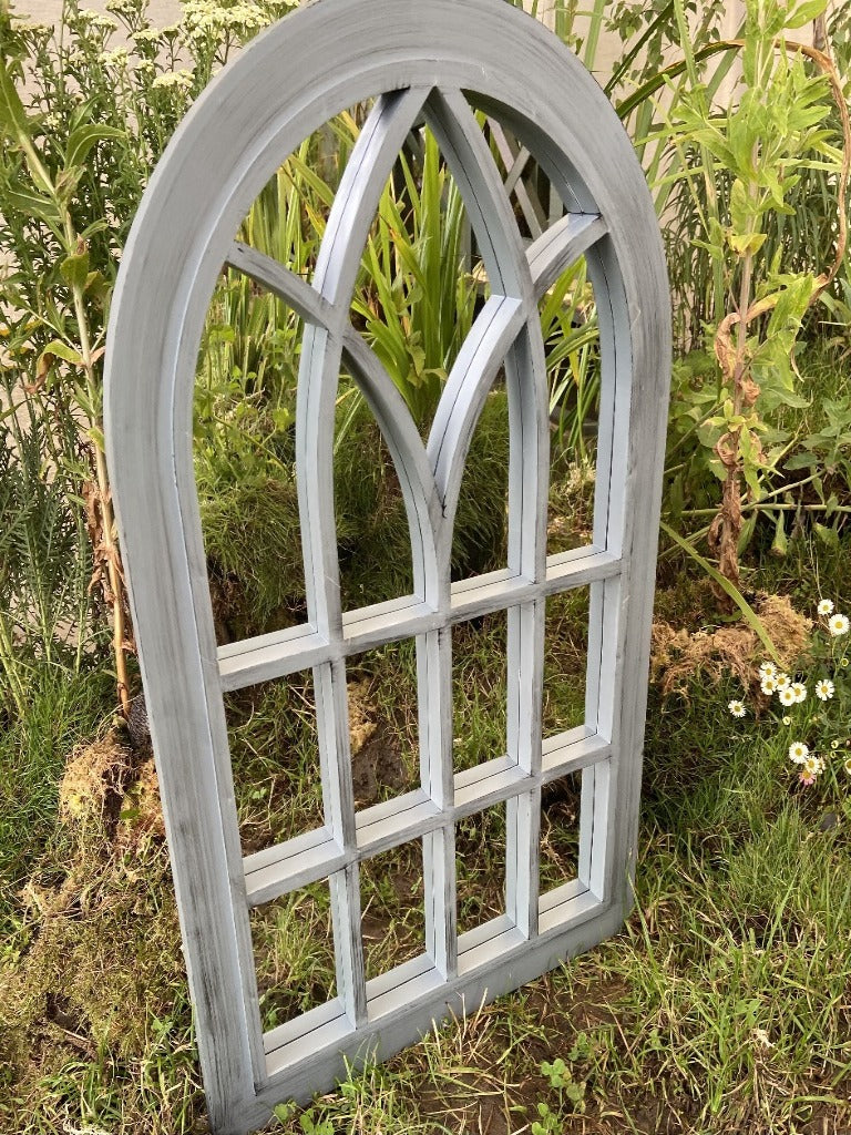Belgravia Grey with black touch arched Outdoor/Indoor mirror measuring 76 x 51 x 4cm