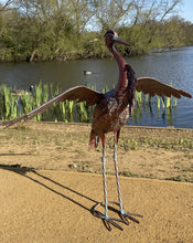 Load image into Gallery viewer, Bronze Metal with blue brush Heron Garden Statue with wings down 67cm with ground peg
