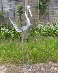 Silver Metal Crane Garden Sculpture 84cm