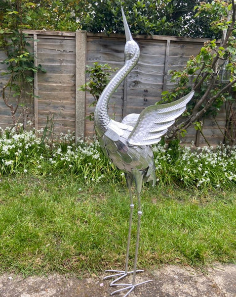 Silver Metal Crane Garden Sculpture 94cm