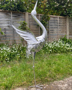 Silver Metal Crane Garden Sculpture 94cm