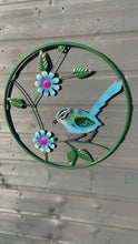 Load and play video in Gallery viewer, Handmade round Metal blue tit wall art with intricate flowers and leaves for indoors/outdoors measuring  47 x 18 x 47.5cm
