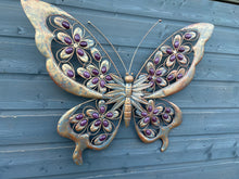 Indlæs billede til gallerivisning Handmade Metal Butterfly gold with blue touch Garden Wall Art with purple Decorative Stones measuring 49 x 4 x 70CM
