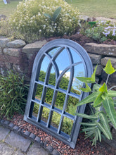 Load image into Gallery viewer, Ambleside Silver with black touch arched Outdoor/Indoor mirror measuring 72 x 52 x 3cm
