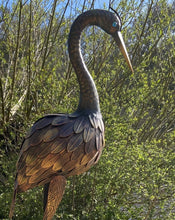 Charger l'image dans la galerie, Large Bronze Metal Heron Garden Sculpture 107cm with blue eye with ground peg - Marissa's Garden &amp; Gift
