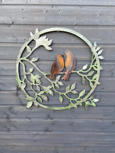 Load image into Gallery viewer, Silver wall art with two robins perched on a branch for outdoors/indoors  63.5H x 61W x 8cm
