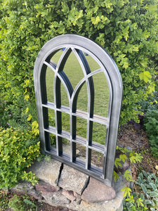 Ambleside Silver with black touch arched Outdoor/Indoor mirror measuring 72 x 52 x 3cm