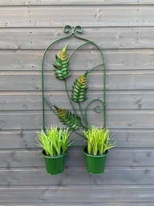 Green leaf design fern metal flowerpot wall planter with two pots measuring Height 66cm x Width 41cm pots width 16cm for outdoors.