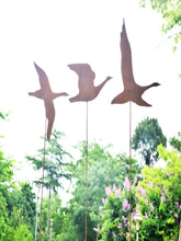 Laden Sie das Bild in den Galerie-Viewer, Three large rusty Flying Geese Garden Art on poles measuring 25 x 16.5 cm for garden/outdoor.
