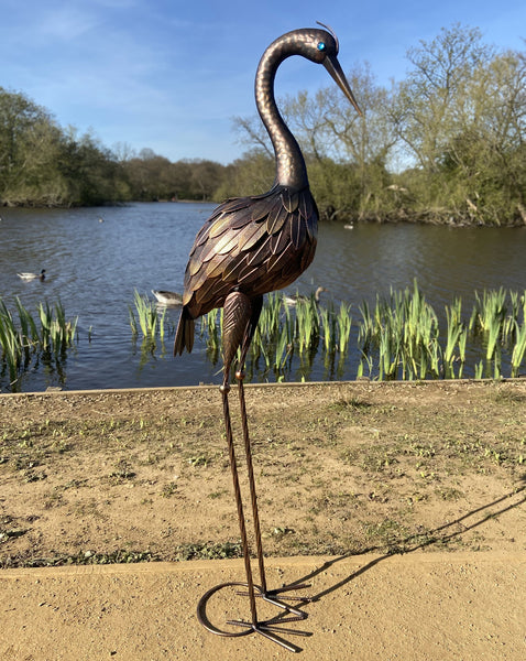 Large Bronze Metal Heron Garden Sculpture 107cm with blue eye with ground peg - Marissa's Garden & Gift