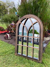 Laden Sie das Bild in den Galerie-Viewer, Henley Bronze with black touch arched Outdoor/Indoor mirror measuring 72 x 52 x 3cm

