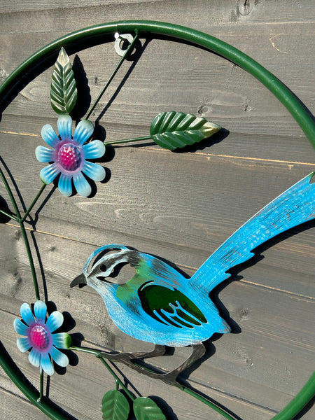 Handmade round Metal blue tit wall art with intricate flowers and leaves for indoors/outdoors measuring  47 x 18 x 47.5cm