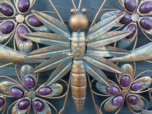 Laden Sie das Bild in den Galerie-Viewer, Handmade Metal Butterfly gold with blue touch Garden Wall Art with purple Decorative Stones measuring 49 x 4 x 70CM
