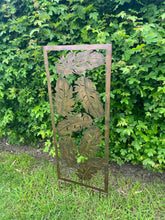 Load image into Gallery viewer, Bronze garden/outdoor leaf trellis plant support/plant screen measuring 40 x 1 x 114cm.

