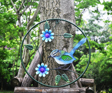 Laden Sie das Bild in den Galerie-Viewer, Handmade round Metal blue tit wall art with intricate flowers and leaves for indoors/outdoors measuring  47 x 18 x 47.5cm

