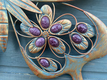 Laden Sie das Bild in den Galerie-Viewer, Handmade Metal Butterfly gold with blue touch Garden Wall Art with purple Decorative Stones measuring 49 x 4 x 70CM
