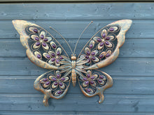 Charger l&#39;image dans la galerie, Handmade Metal Butterfly gold with blue touch Garden Wall Art with purple Decorative Stones measuring 49 x 4 x 70CM
