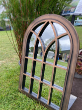 Laden Sie das Bild in den Galerie-Viewer, Henley Bronze with black touch arched Outdoor/Indoor mirror measuring 72 x 52 x 3cm
