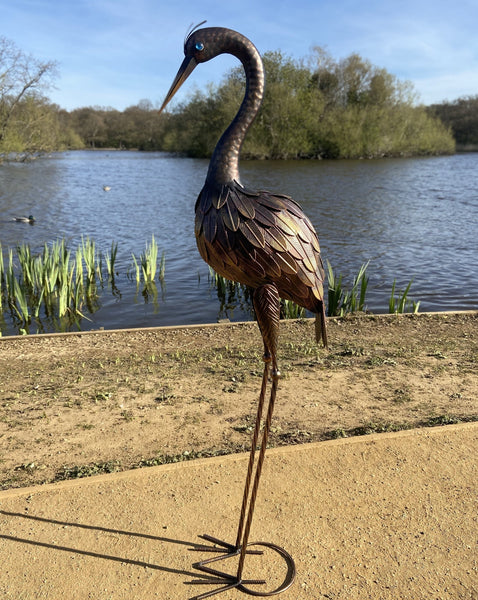 Large Bronze Metal Heron Garden Sculpture 107cm with blue eye with ground peg - Marissa's Garden & Gift
