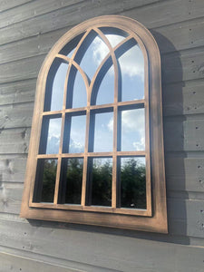 Henley Bronze with black touch arched Outdoor/Indoor mirror measuring 72 x 52 x 3cm