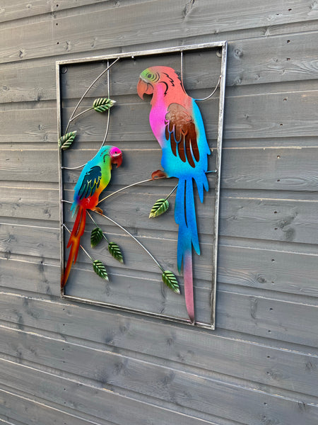 Metal colourful two Macaw lovebirds parrots wall art