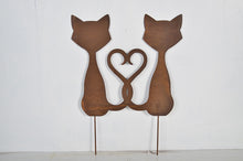 Load image into Gallery viewer, Exterior Rustic Rusty Metal love Cats Bonded with a heart Feline Garden Fence Topper Yard Art Gate Post Sculpture Gift Present measuring 32.5 x 0.4 x 42cm
