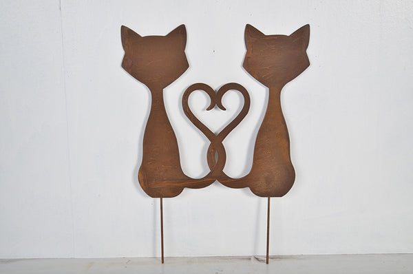 Exterior Rustic Rusty Metal love Cats Bonded with a heart Feline Garden Fence Topper Yard Art Gate Post Sculpture Gift Present measuring 32.5 x 0.4 x 42cm