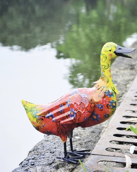Art Deco colourful red and yellow metal Pippa the duck measuring 27.5 x 8.5 x 24cm.