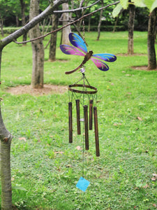 Bronze colourful blue and purple  dragonfly windchime measuring 17 x 7.5 x 77cm