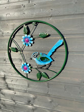 Charger l&#39;image dans la galerie, Handmade round Metal blue tit wall art with intricate flowers and leaves for indoors/outdoors measuring  47 x 18 x 47.5cm
