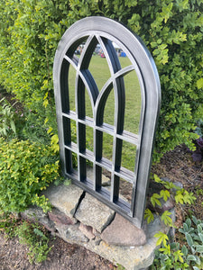 Ambleside Silver with black touch arched Outdoor/Indoor mirror measuring 72 x 52 x 3cm