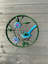 Indlæs billede til gallerivisning Handmade round Metal blue tit wall art with intricate flowers and leaves for indoors/outdoors measuring  47 x 18 x 47.5cm
