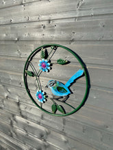 Charger l&#39;image dans la galerie, Handmade round Metal blue tit wall art with intricate flowers and leaves for indoors/outdoors measuring  47 x 18 x 47.5cm
