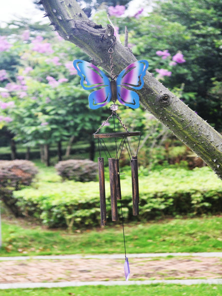 Bronze colourful blue and purple butterfly windchime measuring 17 x 7.5 x 77cm