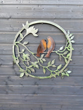 Indlæs billede til gallerivisning Silver wall art with two robins perched on a branch for outdoors/indoors  63.5H x 61W x 8cm
