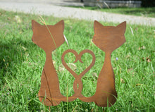 Load image into Gallery viewer, Exterior Rustic Rusty Metal love Cats Bonded with a heart Feline Garden Fence Topper Yard Art Gate Post Sculpture Gift Present measuring 32.5 x 0.4 x 42cm
