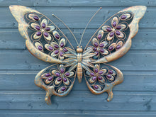 Load image into Gallery viewer, Handmade Metal Butterfly gold with blue touch Garden Wall Art with purple Decorative Stones measuring 49 x 4 x 70CM
