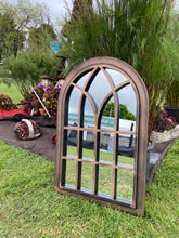 Load image into Gallery viewer, Henley Bronze with black touch arched Outdoor/Indoor mirror measuring 72 x 52 x 3cm

