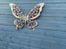 Charger l&#39;image dans la galerie, Handmade Metal Butterfly gold with blue touch Garden Wall Art with purple Decorative Stones measuring 49 x 4 x 70CM
