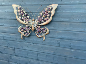 Handmade Metal Butterfly gold with blue touch Garden Wall Art with purple Decorative Stones measuring 49 x 4 x 70CM